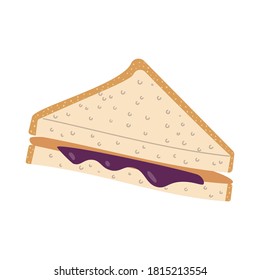 Peanut butter and jelly sandwich. Flat vector illustration of white bread with nut spread and raspberry jam.