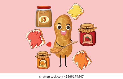 Peanut Butter and Jelly Sandwich, Jars of Peanut Butter and Jelly with Peanut Butter and Jelly on Slices of Bread.National Peanut butter and jelly day design elements.