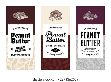 Peanut butter labels in modern style. Vector peanut illustrations and patterns