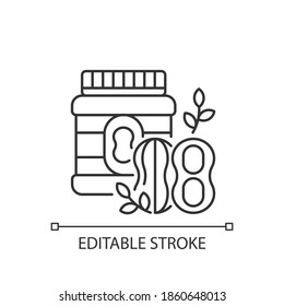 Peanut butter linear icon. Food paste. Delicious dessert. Vegetarian product. Childhood lunch. Thin line customizable illustration. Contour symbol. Vector isolated outline drawing. Editable stroke