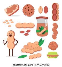 Peanut, butter and nut character vector cartoon set isolated on a white background.