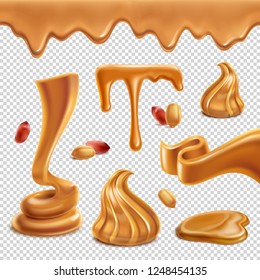 Peanut butter nutritious food spread paste  figures melted puddles droplets border realistic set transparent background vector illustration