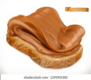 Peanut butter on bread. Caramel spread 3d vector realistic icon