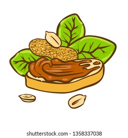 Peanut butter on bread doodle vector icon. Cartoon illustration of peanut icon for web design. Nuts hand drawn emblems and labels isoleted on white backgraund