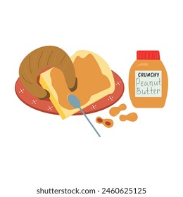 Peanut Butter on Spoon, in Glass Jar and Sandwich Slice. Sweet Spread, Tasty Snack, Nut Brown Cream Graphic Design Elements Isolated on White