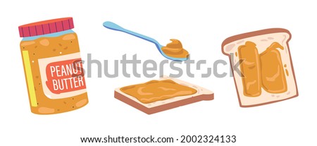 Peanut Butter on Spoon, in Glass Jar and Sandwich Slice. Sweet Spread, Tasty Snack, Nut Brown Cream Graphic Design Elements Isolated on White Background. Cartoon Vector Illustration, Icons Set