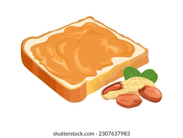 Peanut butter on toast bread and nuts isolated on white. Vector illustration of sandwich in cartoon flat style.