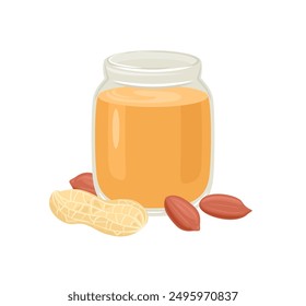 Mantequilla de cacahuete en tarro de cristal abierto y cacahuetes aislados sobre fondo blanco. Ilustración plana de dibujos animados de Vector.
