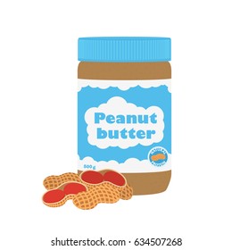 Peanut butter with peanuts. Healthy nutrition for breakfast. Made in cartoon flat style.