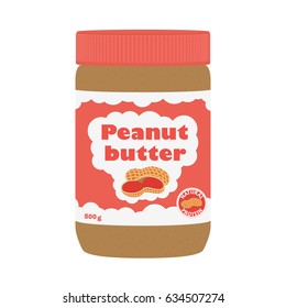 Peanut butter with peanuts. Healthy nutrition for breakfast. Made in cartoon flat style.