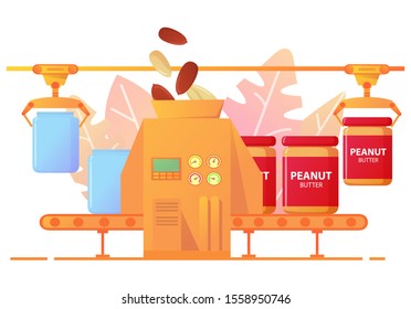 Peanut butter production conveyor line packing in cans.Factory peanut food industry.Flat illustration vector.