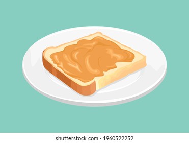 Peanut butter sandwich on plate. Vector illustration of tasty breakfast in cartoon flat style.