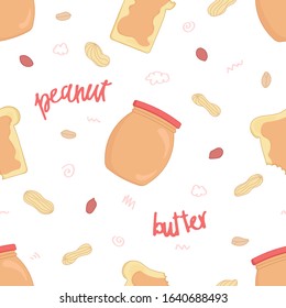 peanut butter seamless pattern on white background with lettering and doodle elements, glass jar and tasty bread, editable illustration for food decoration, fabric, textile, paper, banner, print 