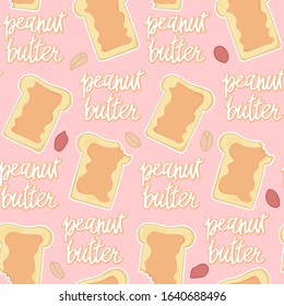 peanut butter seamless pattern on pink background with lettering and tasty bread pieces, editable illustration for food decoration, fabric, textile, paper, banner, print 