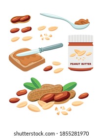 Peanut butter set, spoon jar, knife sandwich, kernel. vector