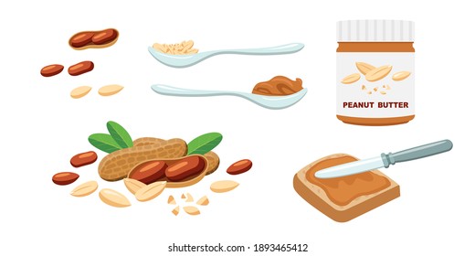 Set de mantequilla de cacahuete, tarro de cuchara, sándwich de cuchillo, grano. vector