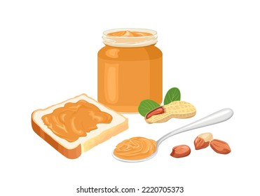 Peanut butter set. Toast bread with spread, peanut butter in glass jar,  spoon and nuts isolated on white background. Vector cartoon illustration.