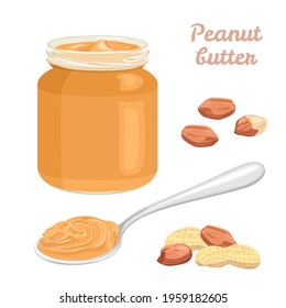 Peanut butter set. Vector illustration of nuts, pastе in jar and spoon in cartoon flat style.