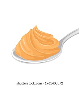 Peanut butter in spoon isolated on white. Vector illustration in cartoon flat style.