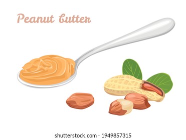 mantequilla de cacahuete en cuchara y nueces aisladas en fondo blanco. Ilustración vectorial en estilo plano de caricatura.