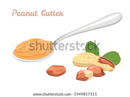 Peanut butter in spoon and nuts isolated on white background. Vector illustration in cartoon flat style.