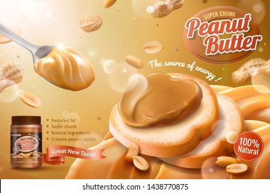 Peanut butter spread ads with spoonful of delicious in 3d illustration