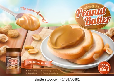 Peanut butter spread ads with spoonful of delicious in 3d illustration, glitter background