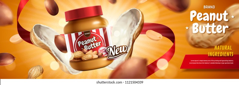 Peanut butter spread appeared from nut pod with explosion effect in 3d illustration