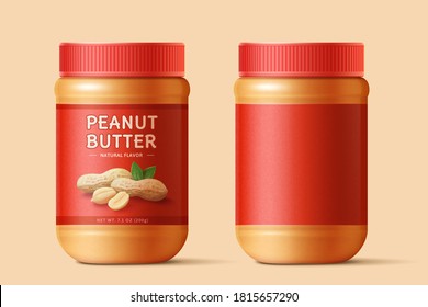 Peanut butter spread bottles mockup template with blank label in 3d illustration over beige background