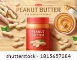 Peanut butter spread with bowl ads, butter knife and nut pods in 3d illustration over wooden table