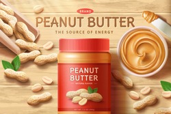 Peanut Butter Spread With Bowl Ads, Butter Knife And Nut Pods In 3d Illustration Over Wooden Table