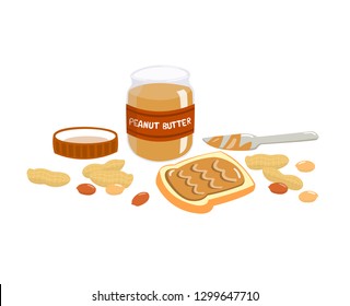 Peanut butter spread on bread with butter knife. Peanut butter, peanut nut and bread isolated on white background.