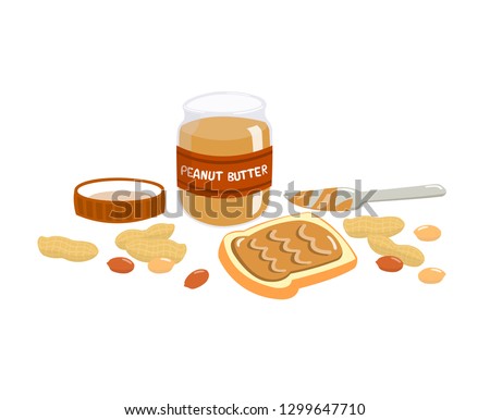 Peanut butter spread on bread with butter knife. Peanut butter, peanut nut and bread isolated on white background.
