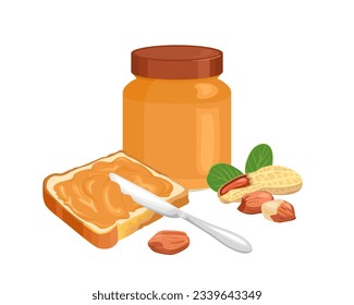 Peanut butter spread on piece of toast bread, knife, glass jar and heap of nuts isolated on white background. Vector illustration in cartoon flat style.