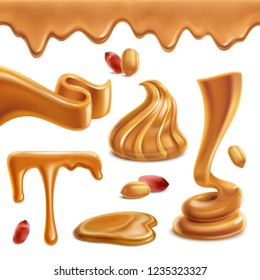 Peanut butter spread paste funny spiral figures melted puddles horizontal border roasted nuts realistic set vector illustration