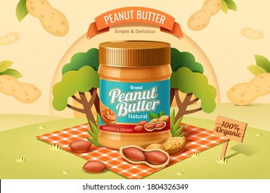 Peanut butter spread product on a picnic plaid in the park with peanut in shell  in 3d illustration