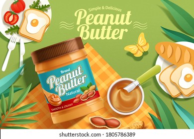 Peanut butter spread product on a picnic background in 3d illustration