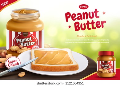 Peanut butter spread with toast and butter knife in 3d illustration, bokeh background