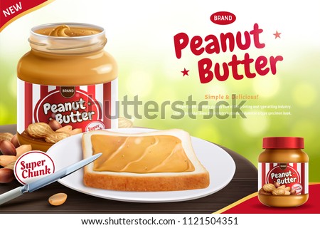 Peanut butter spread with toast and butter knife in 3d illustration, bokeh background
