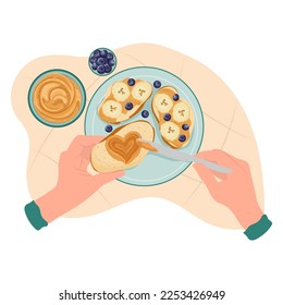 Peanut butter spreading process. Hands with sandwich with peanut butter.National Peanut Butter Lover’s Day. Peanut butter heart . Flat vector hands