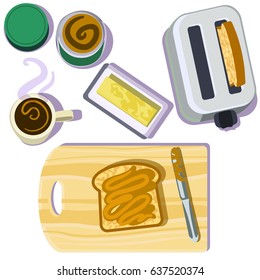 Peanut butter with toast and coffee, a toaster, butter dish and cutting board on a plain white Background.
