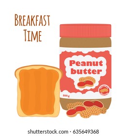 Peanut butter with toast. Fried bread with butter and nuts. Made in cartoon flat style.
