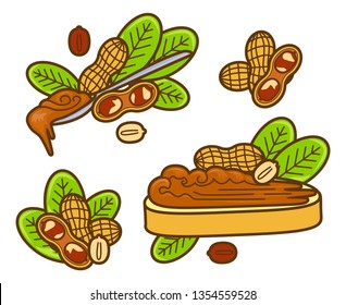 Peanut butter vector icon set. Cartoon illustration set of peanut icons for web design. Nuts emblems and labels isoleted on white backgraund