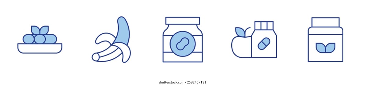 peanut butter, vitamins, proteins, canelons, banana. Nutrition Icon vector illustration. Line Duotone style. Editable stroke.