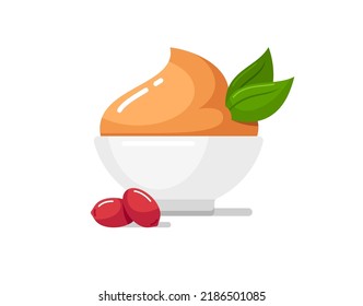 Peanut Butter In White Bowl, Icon Of Nut Paste With Green Leaves. Vector Flat Illustration Isolated On Background