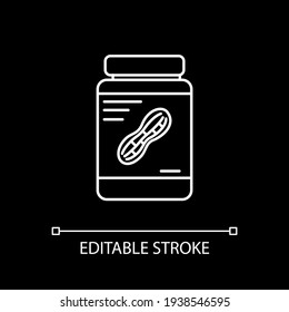 Peanut butter white linear icon for dark theme. Nut paste in glass jar. Spread for toast. Thin line customizable illustration. Isolated vector contour symbol for night mode. Editable stroke