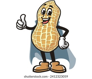 Peanut with caped superhero style cartoon mascot illustration character vector clip art hand drawn