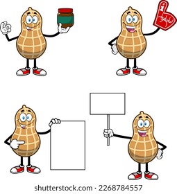 Peanut Cartoon Character In Different Poses. Vector Hand Drawn Collection Set Isolated On Transparent Background