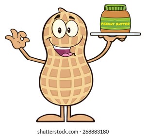 Peanut Cartoon Character Holding A Jar Of Peanut Butter. Vector Illustration Isolated On White