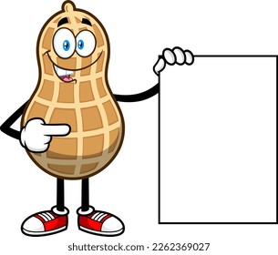 Peanut Cartoon Character Pointing To A Blank Sign. Vector Hand Drawn Illustration Isolated On Transparent Background
